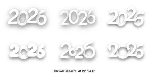 Seis desenhos brancos 2026 em várias fontes com sombras suaves em um fundo branco limpo.