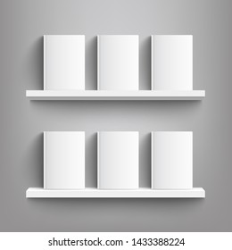 Six white books with blank covers on a bookshelf - realistic mockup of blank book covers standing on shelves, empty template for publication ad - vector illustration