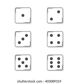 Six white cartoon-style dice cubes