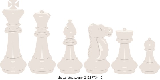 Six white chess pieces. Set for playing chess. Board game. King, queen, bishop, knight, rook and pawn.