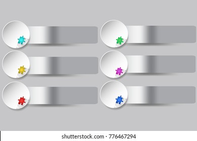 Six white circles with color puzzles and metallic silver edges ready for your text