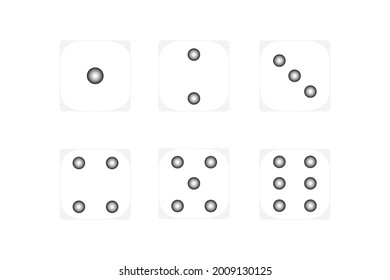 Six white dice with black dots on white background