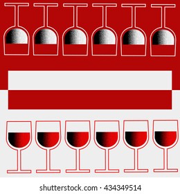 Six white minimalist flat glasses on a red background, and six flat minimalist red wine glasses white background with red and white place for text.