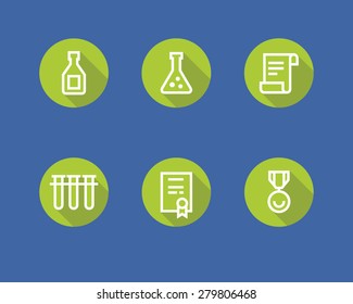 Six white outline icons on rounded green background. Chemistry and science concept