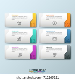 Six white separate rectangular elements with numbers, thin line symbols and place for text inside. Concept of 6 business options to choose. Futuristic Infographic design template. Vector illustration.