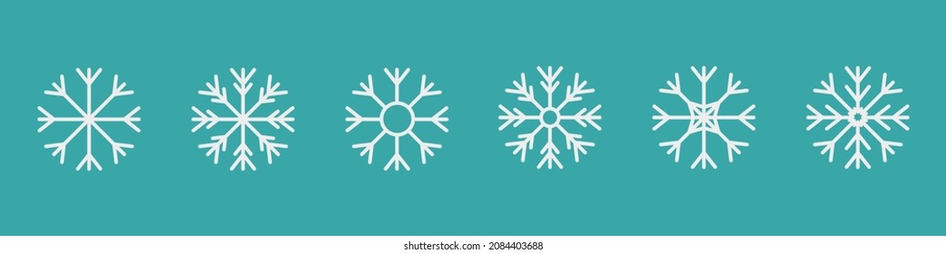 Six white snowflakes. Snowflake winter icon set. Merry Christmas. Happy New Year decoration sign symbol. Xmas paper craft. Snow flake. Frozen star shape. Blue background. Isolated. Flat design. Vector
