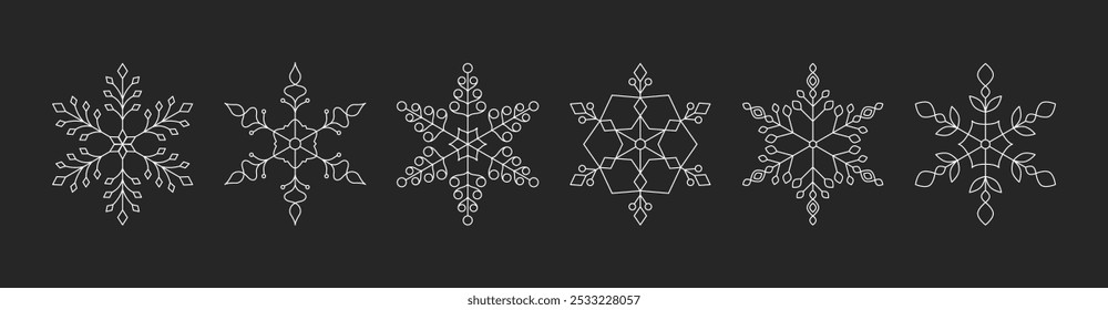 Seis copos de nieve blancos, estilo de línea delgada, fondo negro, Vector eps10 ilustración