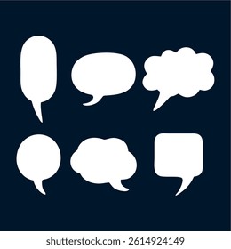 Six white speech bubbles on a dark blue background.