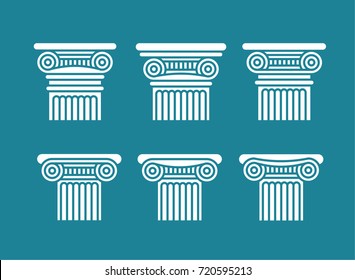 Six white vector flat pieces of antique columns