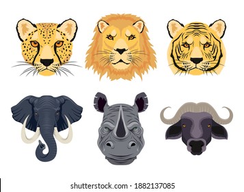 six wild animals heads fauna characters vector illustration design