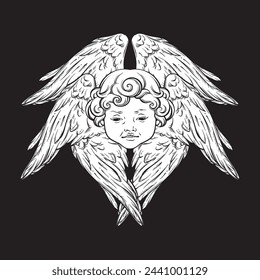 Six winged cherub cute winged curly smiling baby boy angel with rays of linght isolated over black background. Hand drawn design vector illustration