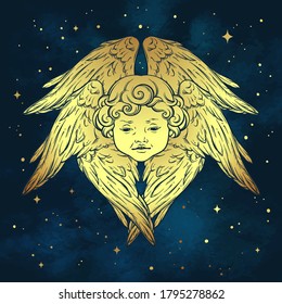 Six winged Gold cherub cute winged curly smiling baby boy angel with rays of linght over blue sky background. Hand drawn design or fabric print vector illustration