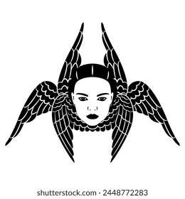 Six winged seraph. Flying female face. Head of a beautiful woman with bird's or angel's wings. Creative design. Black and white silhouette.