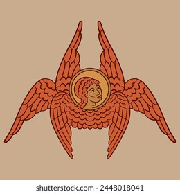 Six winged seraph or seraphim. Christian angel. Medieval Russian religious Orthodox design.