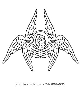 Six winged seraph or seraphim. Christian angel. Medieval Russian religious Orthodox design. Black and white linear silhouette.