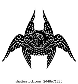 Six winged seraph or seraphim. Christian angel. Medieval Russian religious Orthodox design. Black and white silhouette.