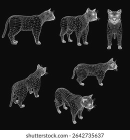 Six wireframe cats arranged symmetrically on a black background, each with unique shapes and sizes. The stark contrast between white outlines and dark backdrop highlights the minimalist design.