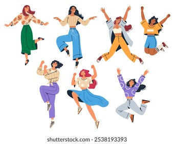 Six women dance in various energetic poses wearing stylish clothes. Ideal for fitness promotion, dance studios, expressing joy, fashion trends, and celebrating diversity. Digital art style