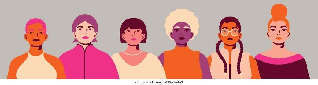 Seis mujeres de diferentes culturas están juntas. Amistad de mujeres, unión de feministas o hermandad. Ilustración del movimiento de empoderamiento femenino. El Día Internacional de la Mujer.