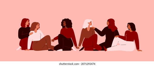 Six women of different ethnicities and cultures sit side by side together and hold hands. Strong and brave girls support each other and feminist movement. Sisterhood and females friendship. Vector