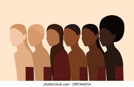 Six women of different nationalities and cultures stand side by side. Vector illustration of girls supporting each other, feminist movement. The concept of female solidarity and sisterhood. Vector ill