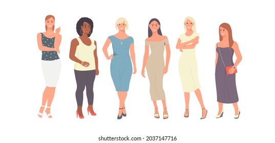 Six women of different nationalities and cultures standing together. Vector illustration of six young women dressed in trendy clothes 