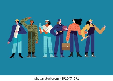 six women different professions characters vector illustration design