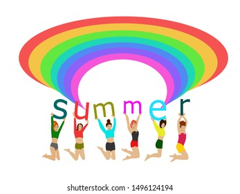 Six women jumped off the floor in their hands, raising the letters 'summer' with a rainbow on top. With a white background