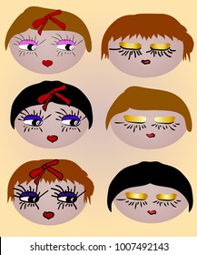 Six women's faces with bright make-up, bows, hairstyles. Caricature, emotions, beauty, fashion