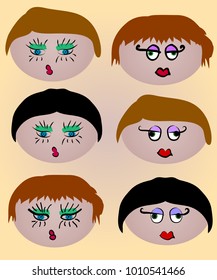 Six women's faces with bright make-up, bows, hairstyles. Caricature, emotions, beauty, fashion