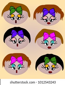 Six women's faces with bright make-up, bows, hairstyles. Caricature, emotions, beauty, fashion