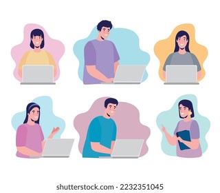 six workers using laptops characters