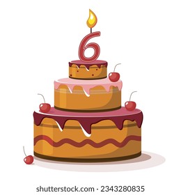 Six year anniversary. Vector birthday cake. Holiday cake with candle.Big cherry cake on white background. Six year old baby.