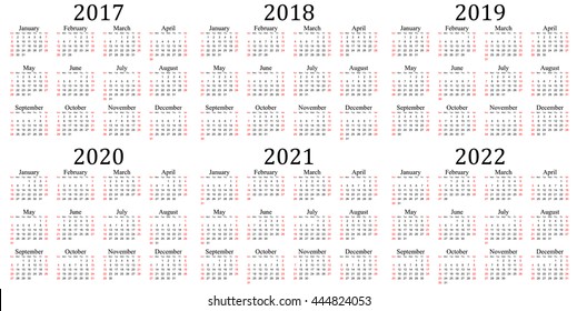 Six year calendar - 2017, 2018, 2019, 2020, 2021 and 2022 in white background