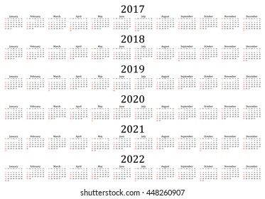 Six year calendar - 2017, 2018, 2019, 2020, 2021 and 2022 in white background