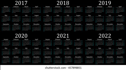 Six year calendar - 2017, 2018, 2019, 2020, 2021 and 2022 in black background