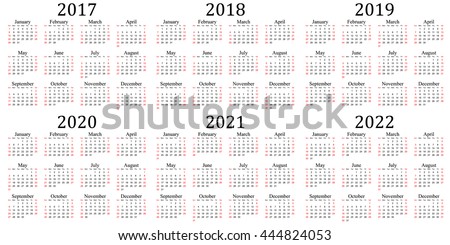 Six year calendar - 2017, 2018, 2019, 2020, 2021 and 2022 in white background