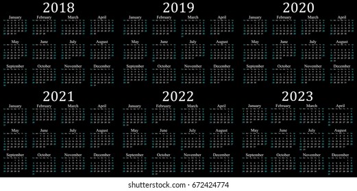 Six year calendar - 2018, 2019, 2020, 2021, 2022 and 2023 in black background