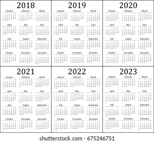 Six year calendar - 2018, 2019, 2020, 2021, 2022 and 2023 in white background