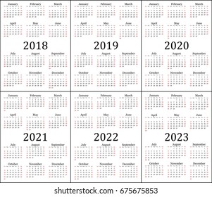 Six year calendar - 2018, 2019, 2020, 2021, 2022 and 2023 in white background