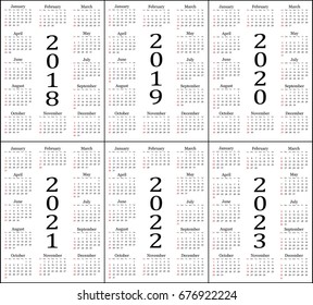 Six year calendar - 2018, 2019, 2020, 2021, 2022 and 2023 in white background.