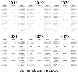 Six year calendar - 2018, 2019, 2020, 2021, 2022 and 2023 in white background