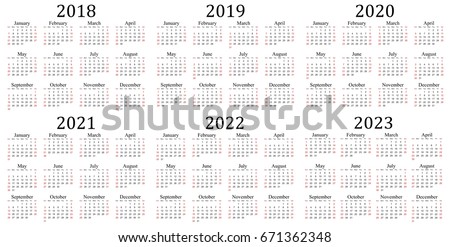 Six year calendar - 2018, 2019, 2020, 2021, 2022 and 2023 in white background
