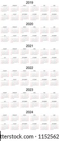 Six year calendar - 2019, 2020, 2021, 2022, 2023 and 2024 in white background.