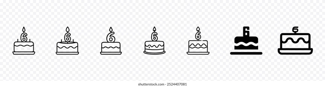  Six Year Celebration Events cake icon, Cake icon vector set. Outline pie with candles symbol, birthday cake icon set, Simple birthday cake icon, Birthday cakes icons set