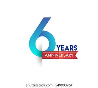 six years anniversary celebration logotype blue colored with red ribbon. 6th birthday logo on white background