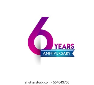 six years anniversary celebration logotype colorfull design with blue ribbon, 6th birthday logo on white background