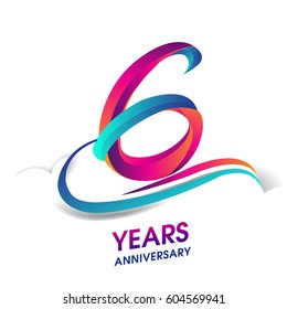 six years anniversary celebration logotype blue and red colored. 6th birthday logo on white background.