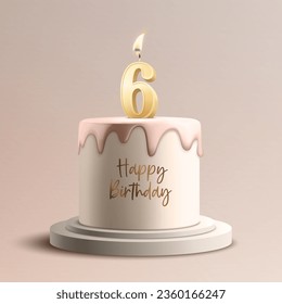 Six Years. Vector Birthday Sweet Cake. Greeting Card, Banner with 3d Realistic Burning Golden Birthday Party Candle, Number, Flame. Icon Design Template for Birthday Concept. Front View