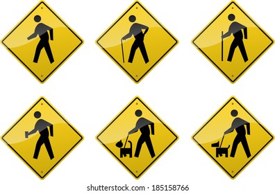 Six yellow diamond-shaped crossing signs showing symbols of various people.